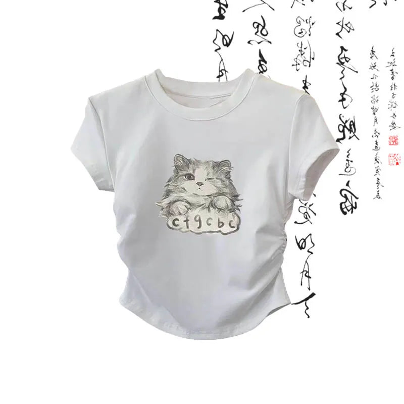 Kitty Cat Print T-Shirt Wash Painting Print Loose Pants Two Piece