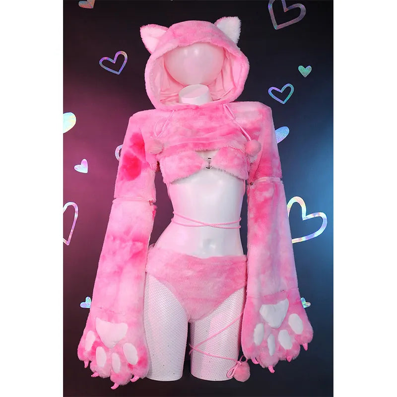 Cosplay Cartoon Kitty Cat Paw Plush Hooded Lingerie Set