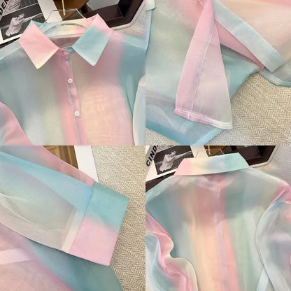 Vintage Rainbow Print Casual Collar Shirt