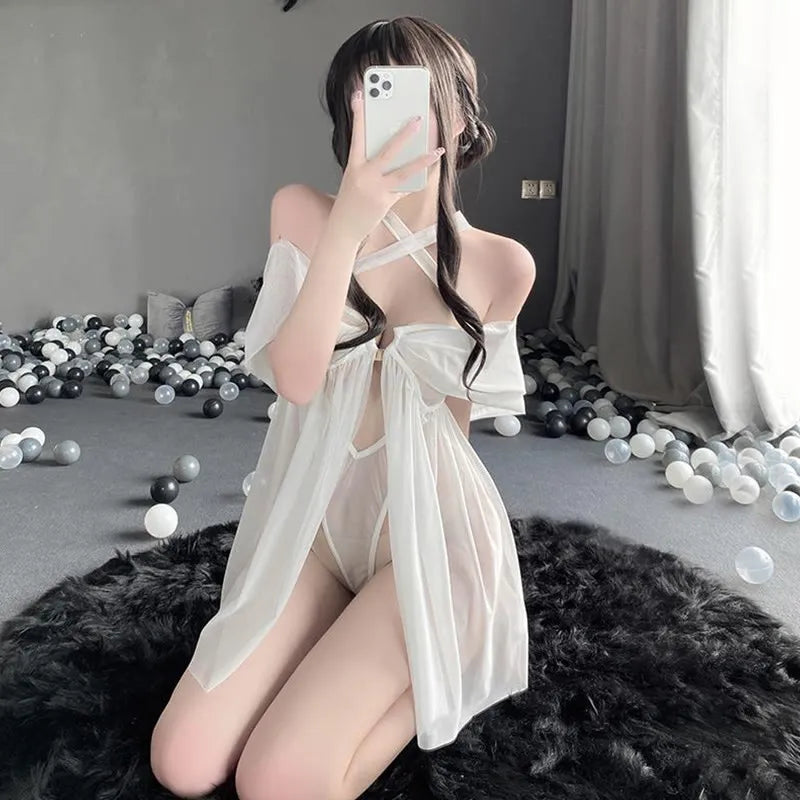 Hollow Out Cross Halter See Though One-piece Sexy Nightdress