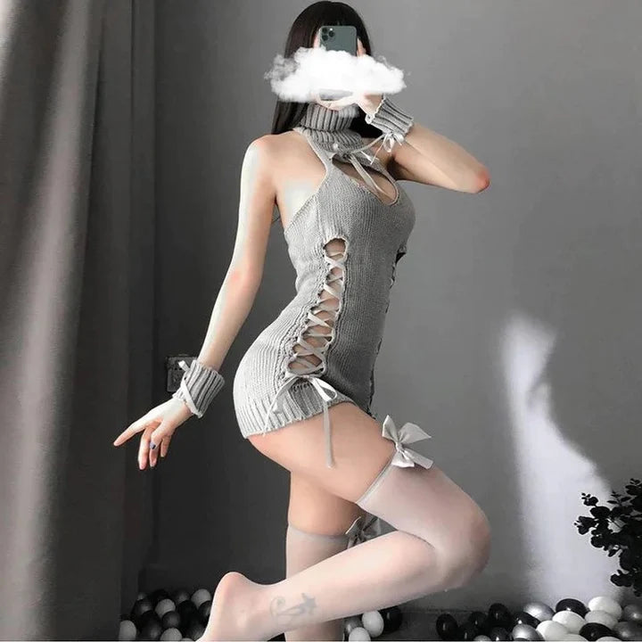 Hollow Out Kitty Style Knit Backless Lingerie