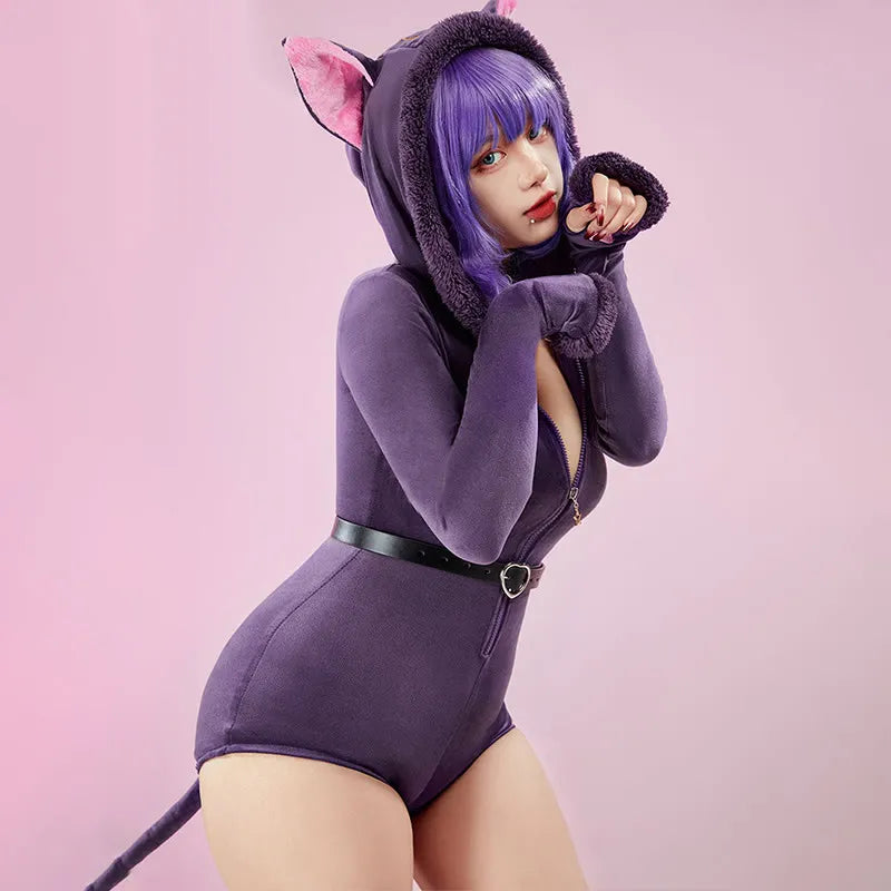 Cosplay Sexy Cat Zipper Belt Plush Slim Jumpsuit Lingerie