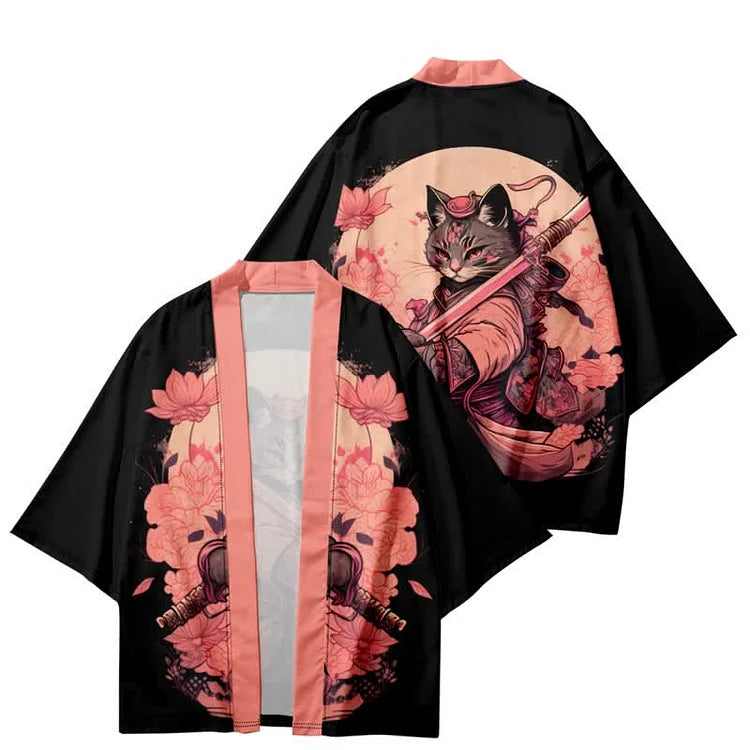 Vintage Cat Warriors Print Kimono Outerwear