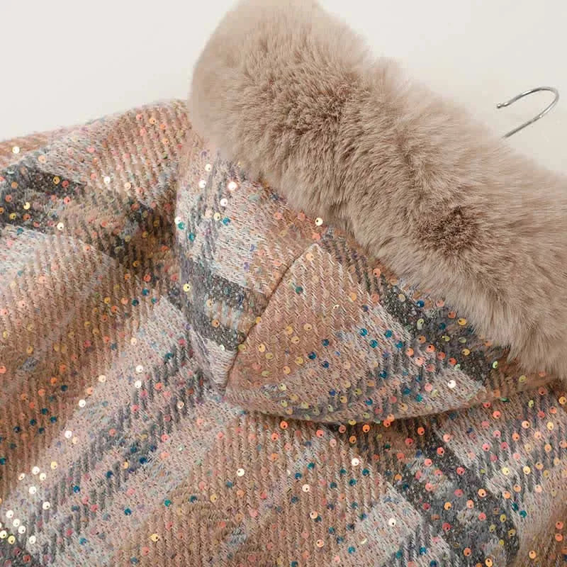 Plaid Print Furry Fringed Casual Hooded Cloak Coat