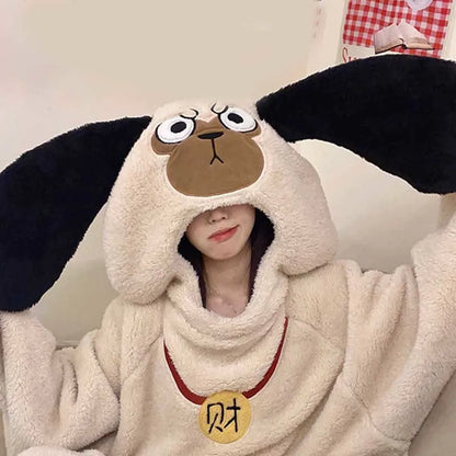 Puppy Embroidery Plush Hooded Jumpsuit Pajamas Dress