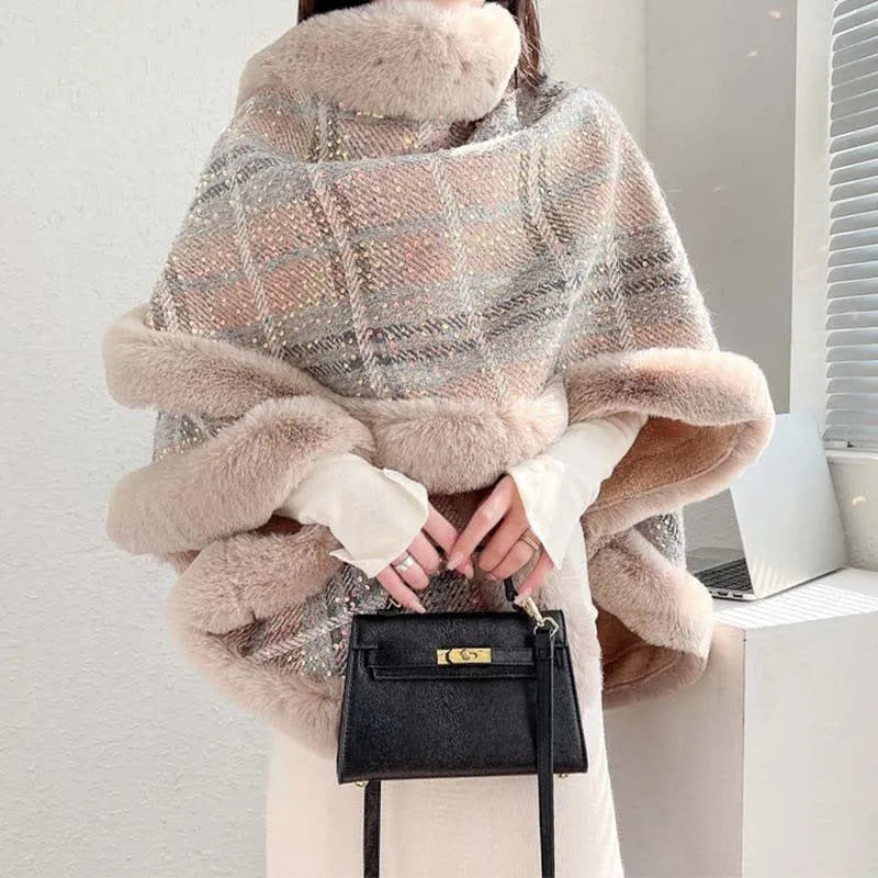 Plaid Print Furry Fringed Casual Hooded Cloak Coat