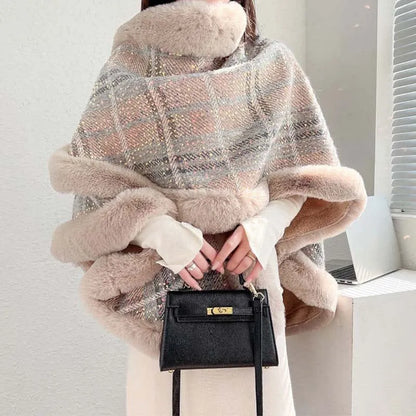 Plaid Print Furry Fringed Casual Hooded Cloak Coat