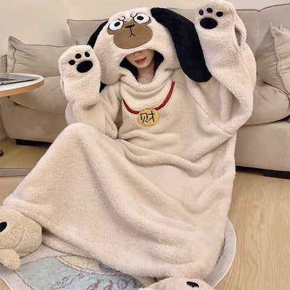 Puppy Embroidery Plush Hooded Jumpsuit Pajamas Dress