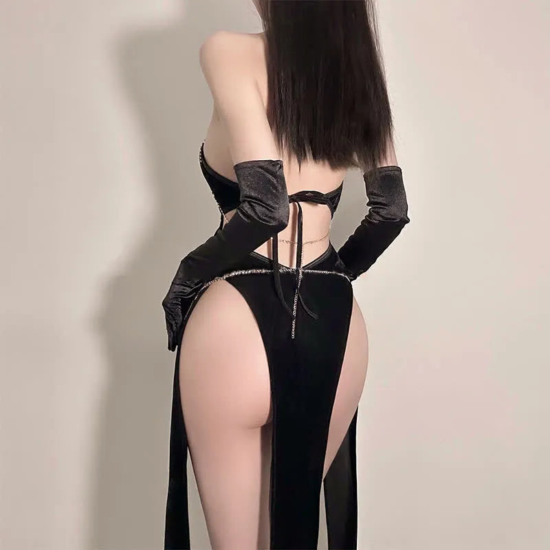 Sexy Deep V-Neck Hollow Out Backless Split Lingerie Dress