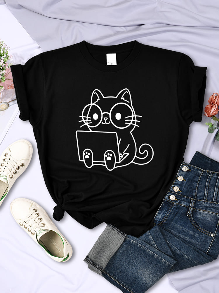 Cartoon Working Cat Laptop T-Shirt