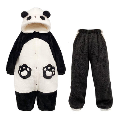 Kawaii Cartoon Panda Plush Hooded Pajamas Set