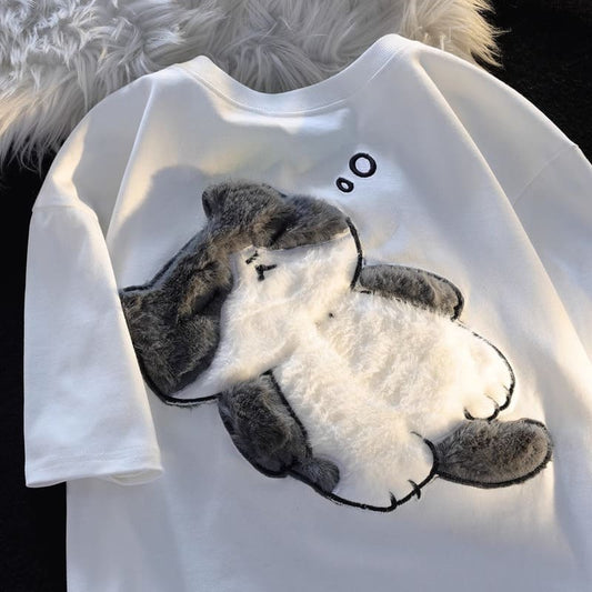Cartoon Embroidery Sleeping  Kitty Cat T-Shirt