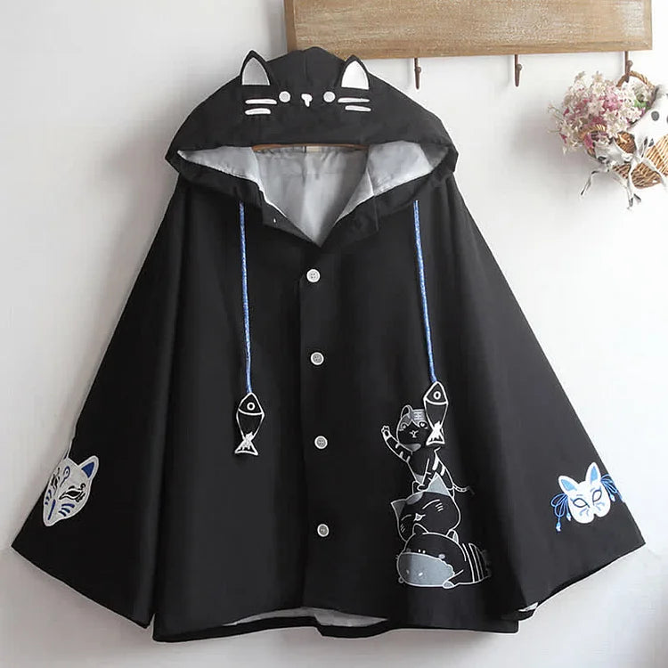 Cartoon Fox Mask Kitty Fish Drawstring Hoodie Coat