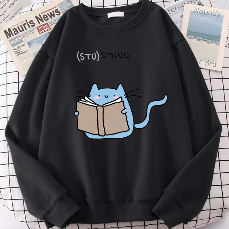 Cartoon Kitty Cat Studying Sweatshirt
