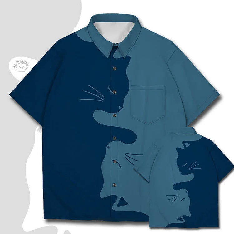 Colorblock Couple Kitty Cat Print Casual Polo T-Shirt