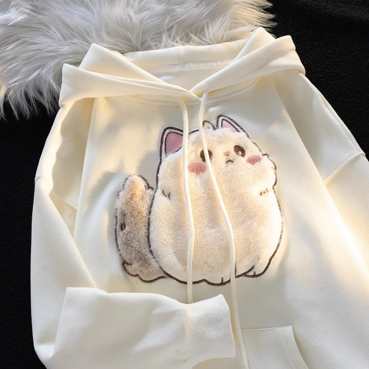 Cartoon Embroidery Fluffy Kitty Cat Hoodie