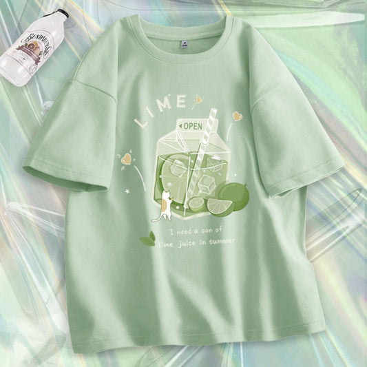 Harajuku Cartoon Lime Juice Cat T-Shirt