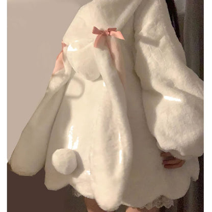 Kawaii Bowknot Bunny Ears Loose Hooded Coat Outerwear