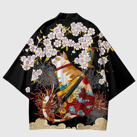 Vintage Cat Sakura Crane Print Kimono Outerwear