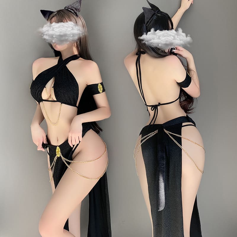 Egyptian Cat Queen Split Dress Lingerie Set