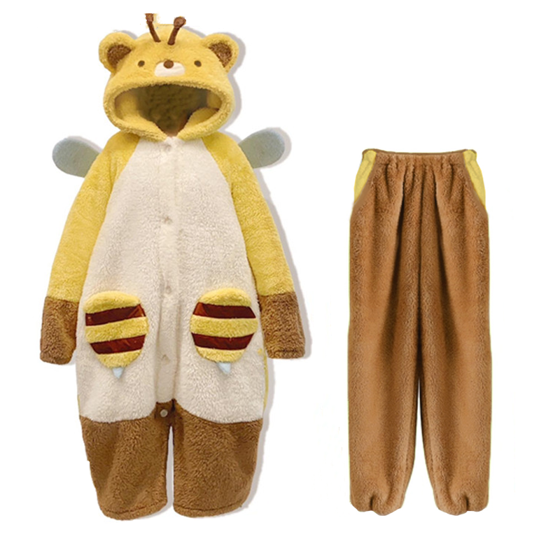 Kawaii Cartoon Bear Bee Plush Hooded Pajamas Set