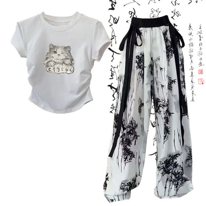 Kitty Cat Print T-Shirt Wash Painting Print Loose Pants Two Piece