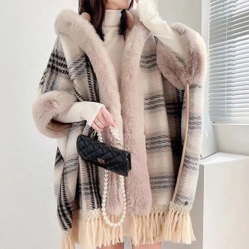 Plaid Print Furry Fringed Casual Hooded Cloak Coat