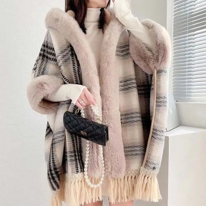 Plaid Print Furry Fringed Casual Hooded Cloak Coat