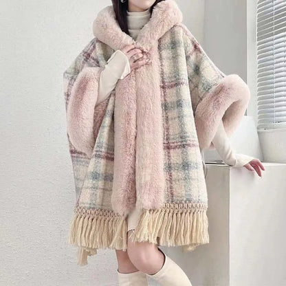 Plaid Print Furry Fringed Casual Hooded Cloak Coat