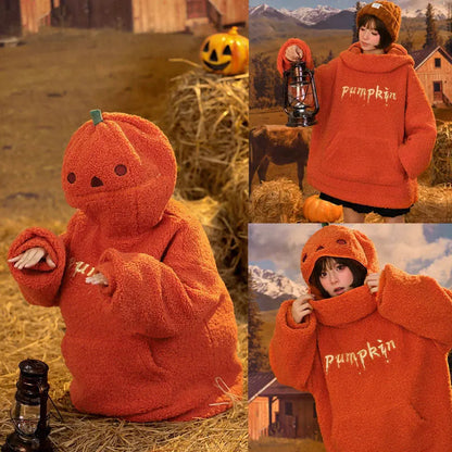 Funny Pumpkin Embroidery Pocket Sweatshirt Hoodie