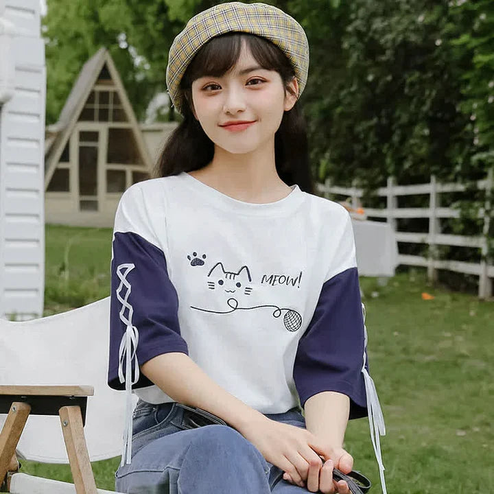 Cartoon Kitty Cat Letter Print Lace Up T-Shirt