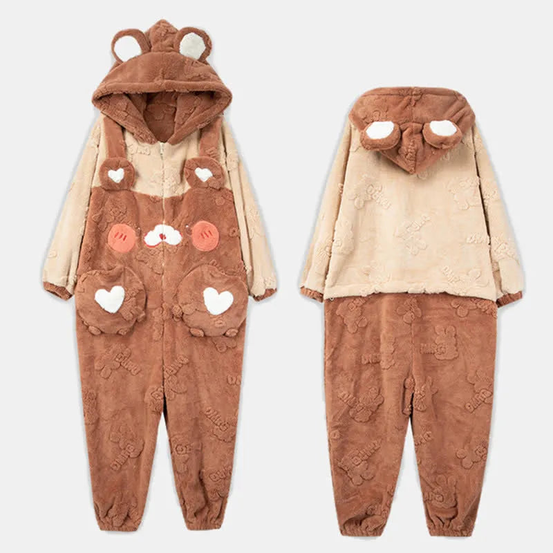 Cute Cartoon Bear Love Heart Zipper Plush Hooded Jumpsuit Pajamas