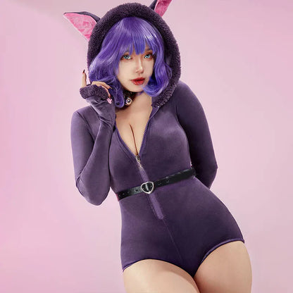 Cosplay Sexy Cat Zipper Belt Plush Slim Jumpsuit Lingerie