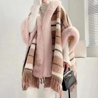 Plaid Print Furry Fringed Casual Hooded Cloak Coat