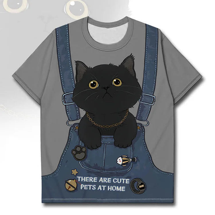 Cartoon Black Kitty Cat Print Casual T-Shirt