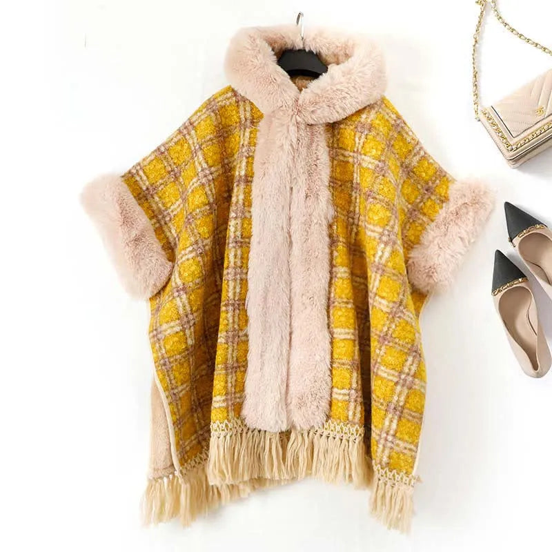 Plaid Print Furry Fringed Casual Hooded Cloak Coat