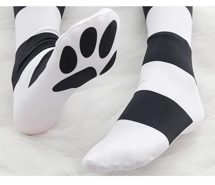 Striped Kitty Cat Paw Velvet Stockings