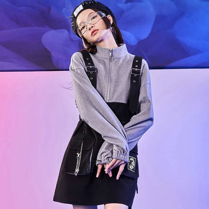Punk Zipper Chain Pocket Sweatshirt Dress with Chest Waist Strap Adjustable Buckle Belt