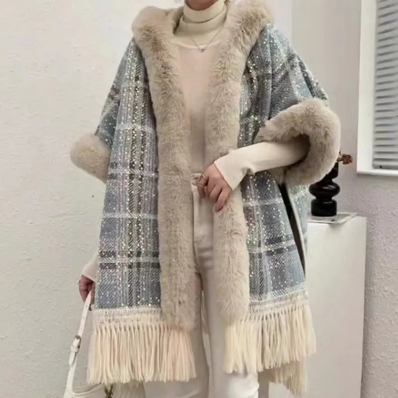 Plaid Print Furry Fringed Casual Hooded Cloak Coat