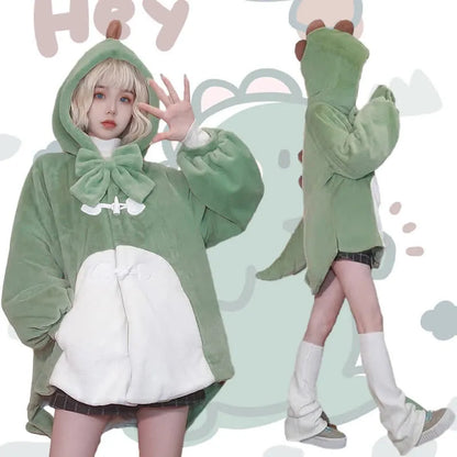 Cartoon Dinosaur Bowknot Plush Hooded Pajamas