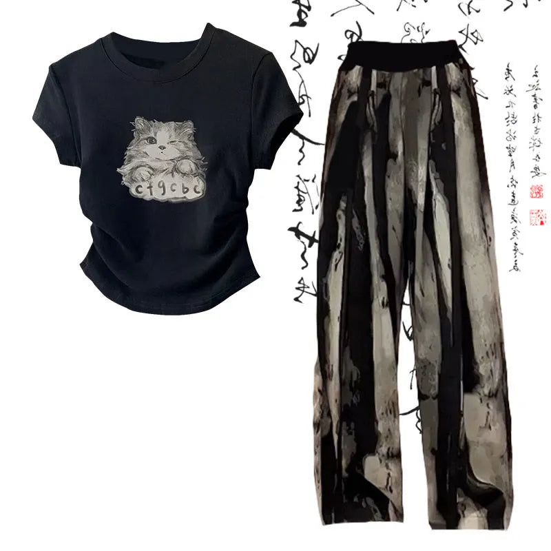 Kitty Cat Print T-Shirt Wash Painting Print Loose Pants Two Piece