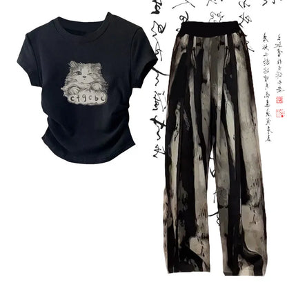 Kitty Cat Print T-Shirt Wash Painting Print Loose Pants Two Piece