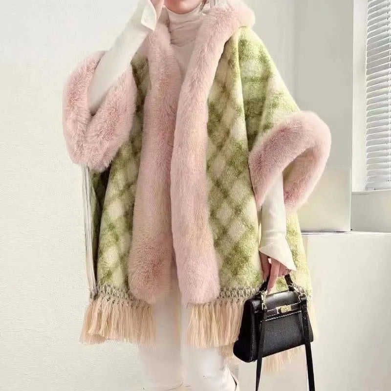 Plaid Print Furry Fringed Casual Hooded Cloak Coat