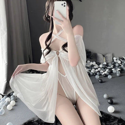 Hollow Out Cross Halter See Though One-piece Sexy Nightdress