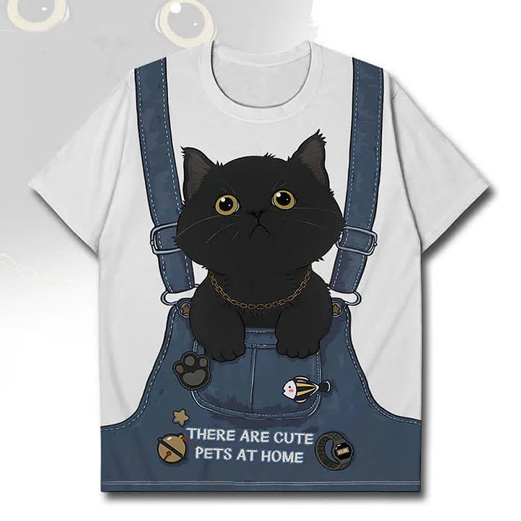 Cartoon Black Kitty Cat Print Casual T-Shirt