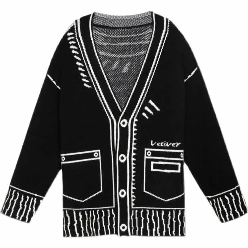 Retro Graffiti Print V-Neck Cardigan Sweater