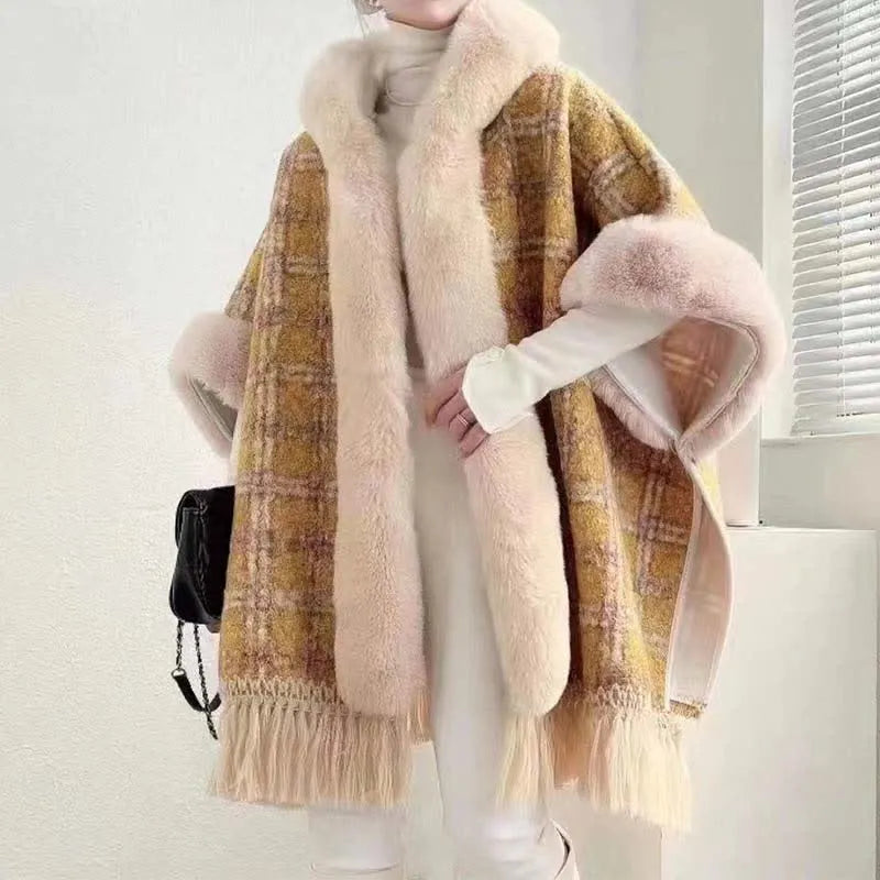 Plaid Print Furry Fringed Casual Hooded Cloak Coat