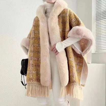 Plaid Print Furry Fringed Casual Hooded Cloak Coat