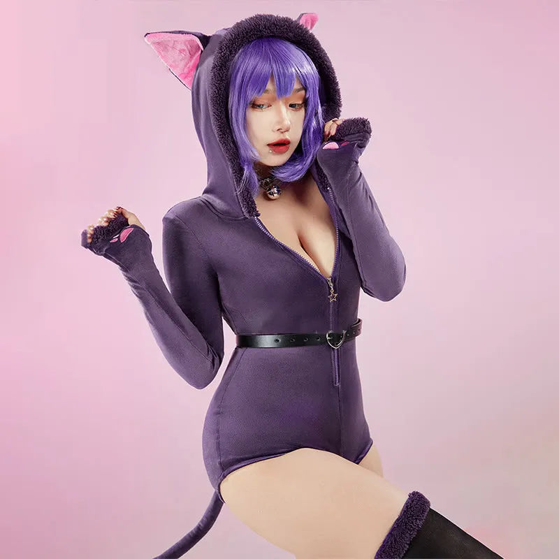 Cosplay Sexy Cat Zipper Belt Plush Slim Jumpsuit Lingerie