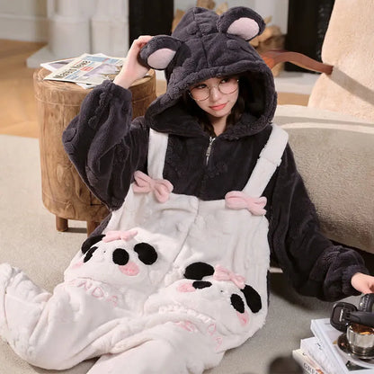 Cute Cartoon Panda Bowknot Zipper Plush Hooded Jumpsuit Pajamas